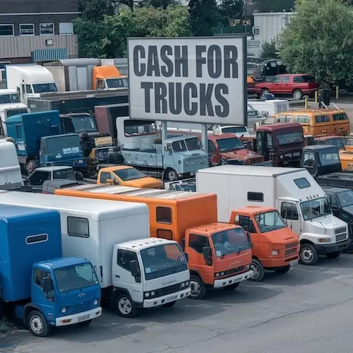 a picture of trucks in line with a banner- cash for turcks. This is near adelaide, SA. It is from service page of cash for trucks in adelaide